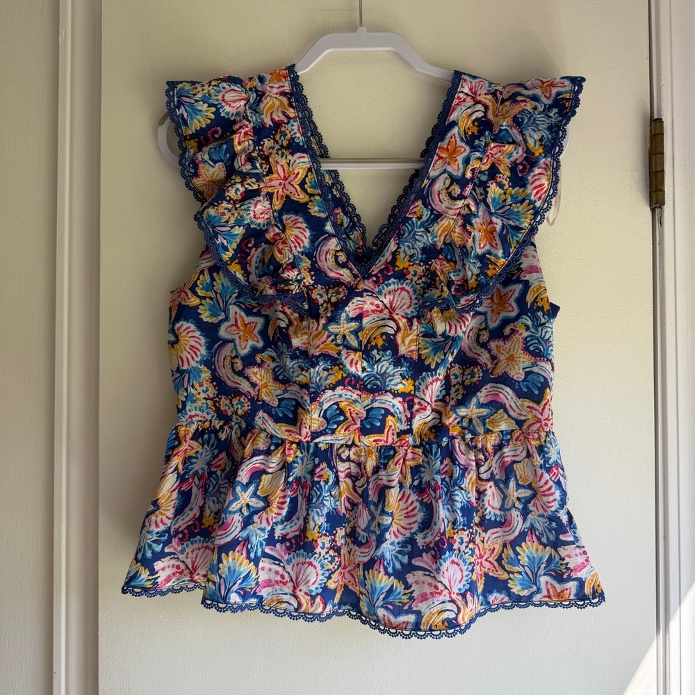 Nanette Lepore Womens Floral Ruffle Peplum Top Blue Pink V-Neck Size M RN103715